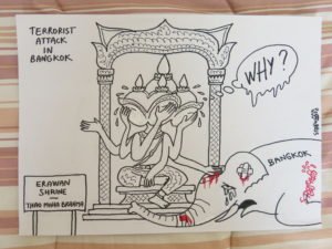 Signed Original Cartoon by Stephff complete with published article from The Nation. Bangkok bombing at the Erawan Shrine